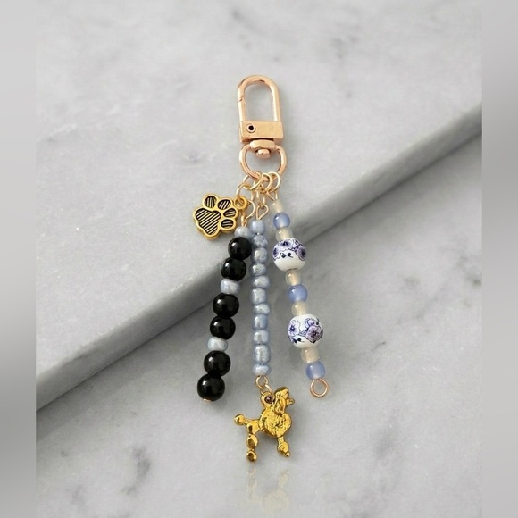 Handmade Accessories - Elegant Beaded Poodle Floral Bag Charm Keychain